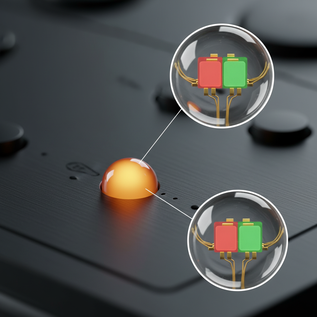 一个微型红绿双色发光二极管在暗色电子设备面板上,由红色指示灯平稳切换至绿色指示灯。特写LED灯珠,其内部结构隐约可见两颗不同颜色芯片封装在一起,强调其多功能状态指示。