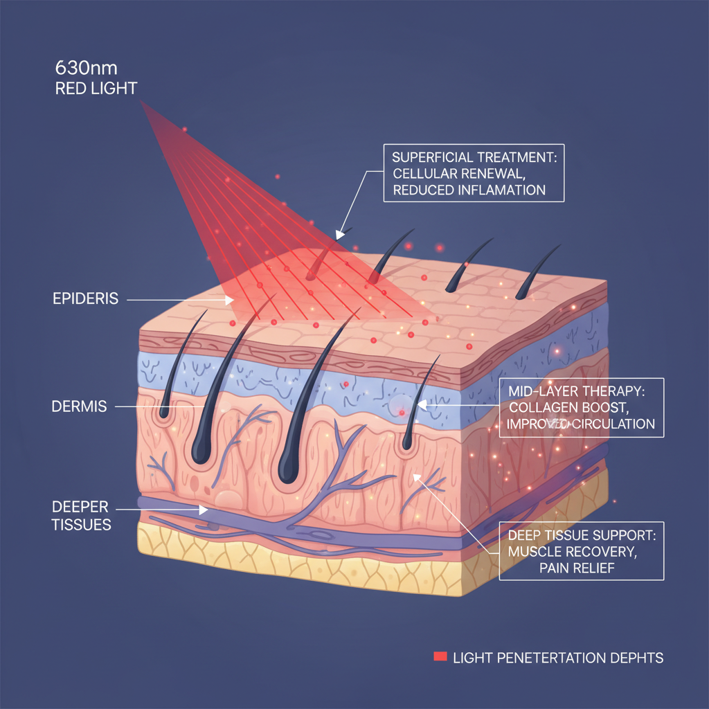 医疗应用插图展示630nm红光透过皮肤的不同深度,视觉化穿透力数据。针对表皮层、真皮层和深层组织的分层治疗效果。