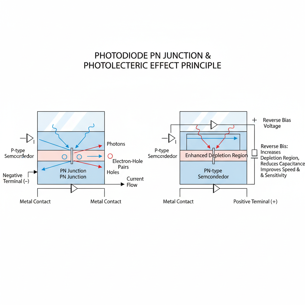 贴片光敏二极管内部PN结结构与光电效应原理示意图，展示透明窗口、光子激发电子-空穴对形成电流、正负极区分及反向偏压对性能提升的影响。
