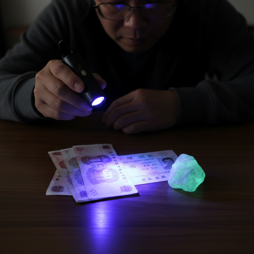 多功能应用场景图,展示一个人用紫光灯检查人民币、身份证和翡翠原石