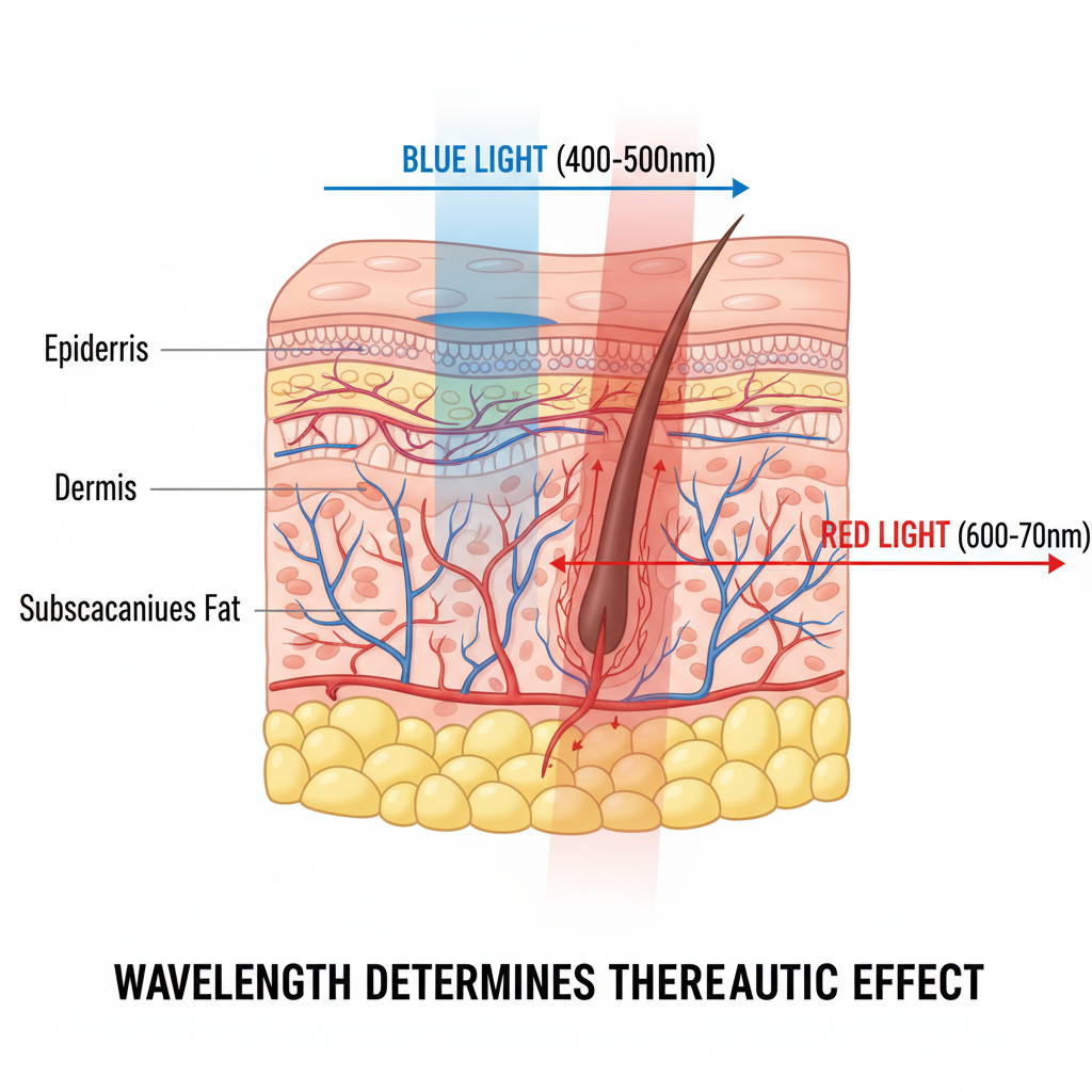 皮肤横截面模型图,展示蓝光停留在皮肤表层,红光深入真皮层,并标注波长范围。