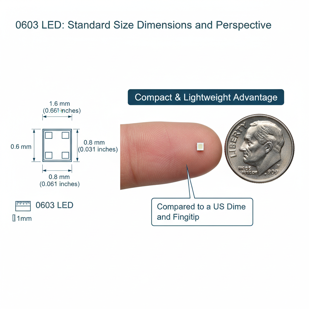 0603 LED尺寸示意图，展示其1.6mm x 0.8mm的微小尺寸和与指尖的对比，突出其小巧轻薄的特点