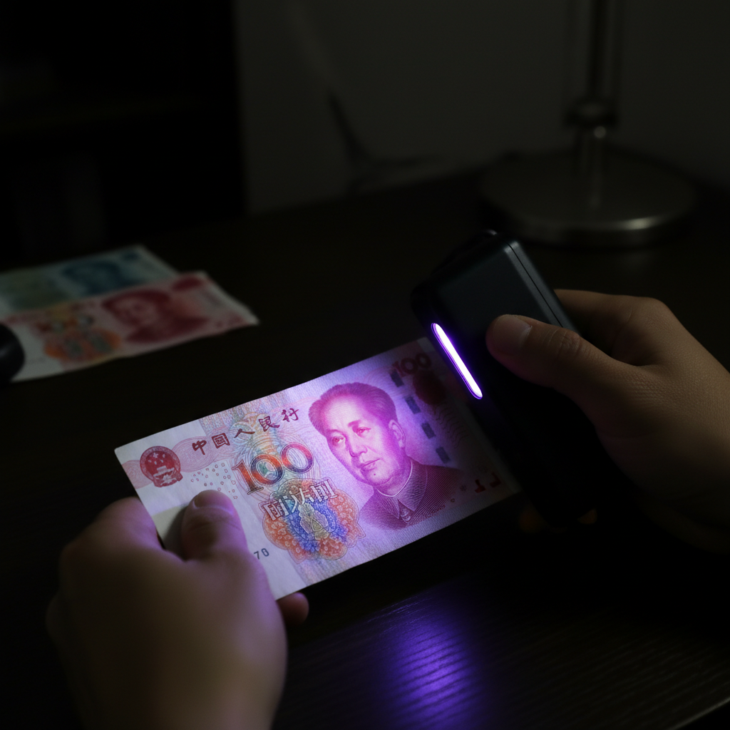 一个人使用验钞紫光灯检查人民币100元钞票,钞票上的“100”字样发出橘黄色荧光