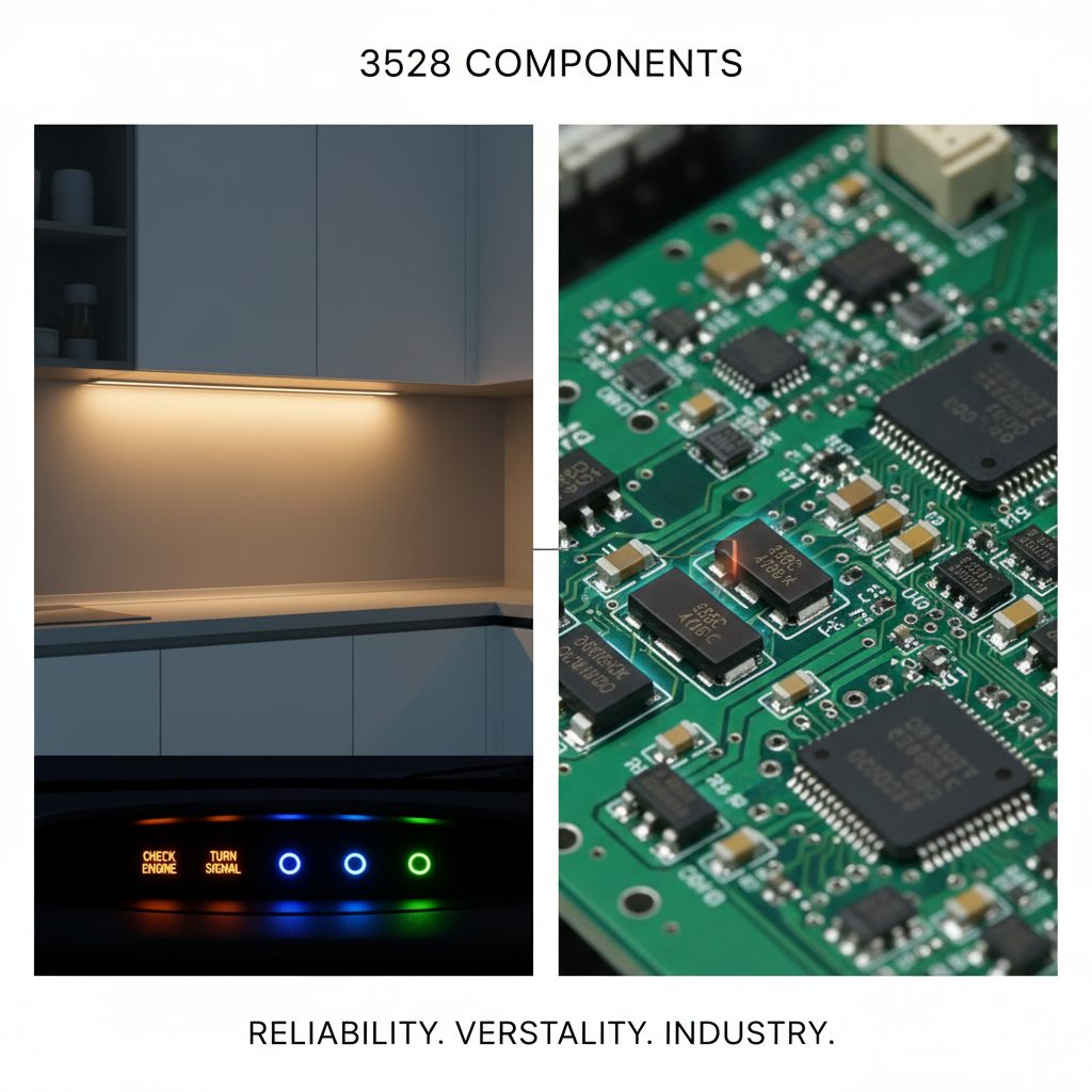 一张动态拼贴图,展示3528组件在LED照明、汽车电子(仪表盘、指示灯)以及电路板上的钽电容应用,强调其广泛的工业用途。