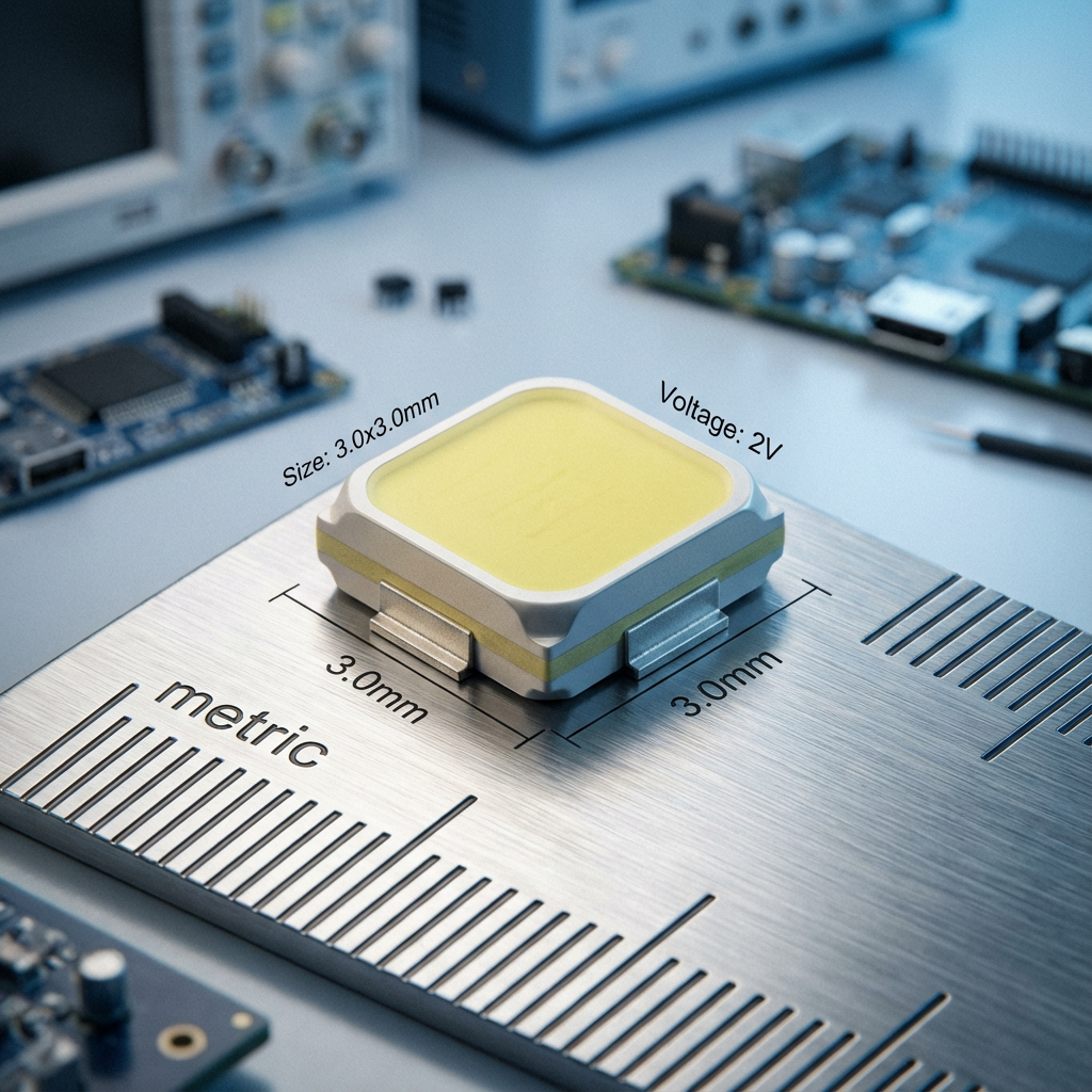 SMD3030 LED灯珠的宏观特写，显示其3.0x3.0mm尺寸和2V电压规格