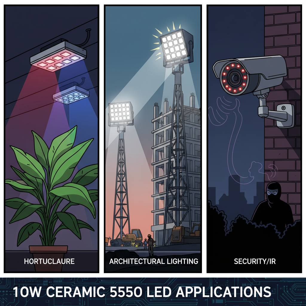10W陶瓷5050 LED应用场景图,包括植物生长灯、建筑工地泛光灯和红外线夜视摄像头。