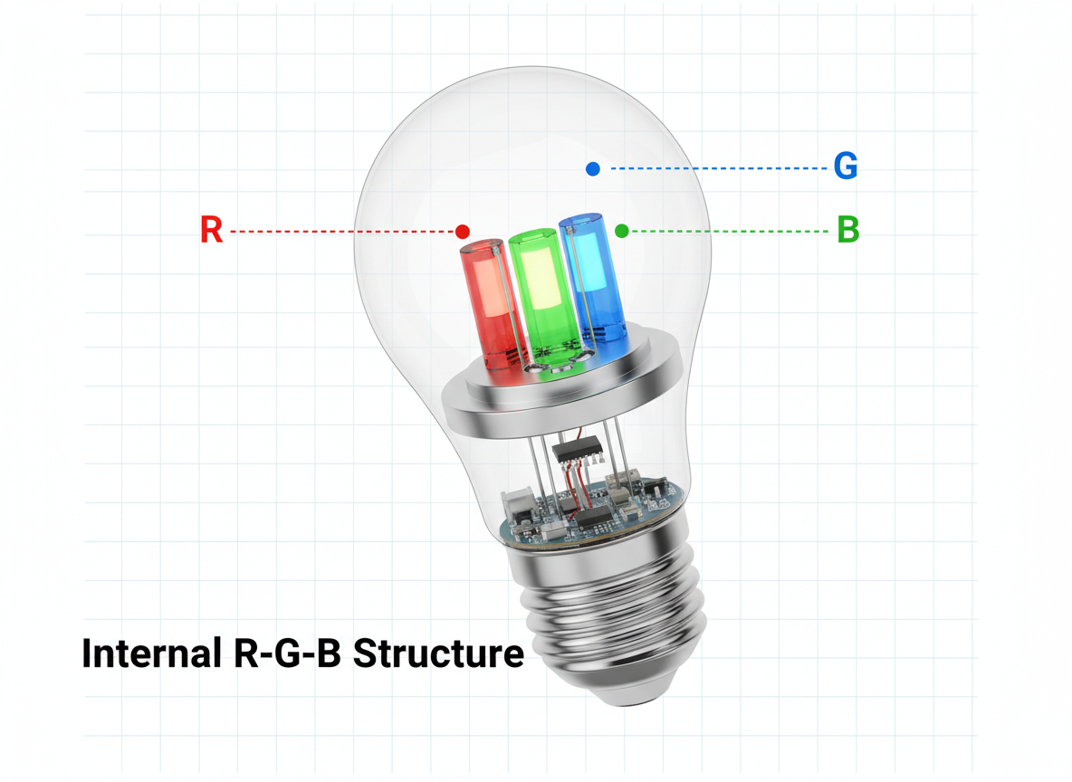 精密的3D技术拆解图，展示一颗RGB LED灯珠的内部结构，透明的外壳下清晰可见红、绿、蓝三个微小的LED芯片排列在支架上，传达了文章中“三芯合一”的工作原理。