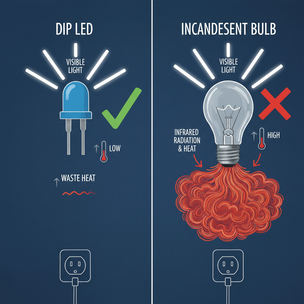 一个并排显示的示意图,分别展示了直插式LED灯和传统白炽灯的能效差异。左侧,一个直插式LED灯发出强烈的光芒,只有少量的热量散发出来。右侧,一个白炽灯发出同样强度的光,但散发出大量的红外线辐射和热量。