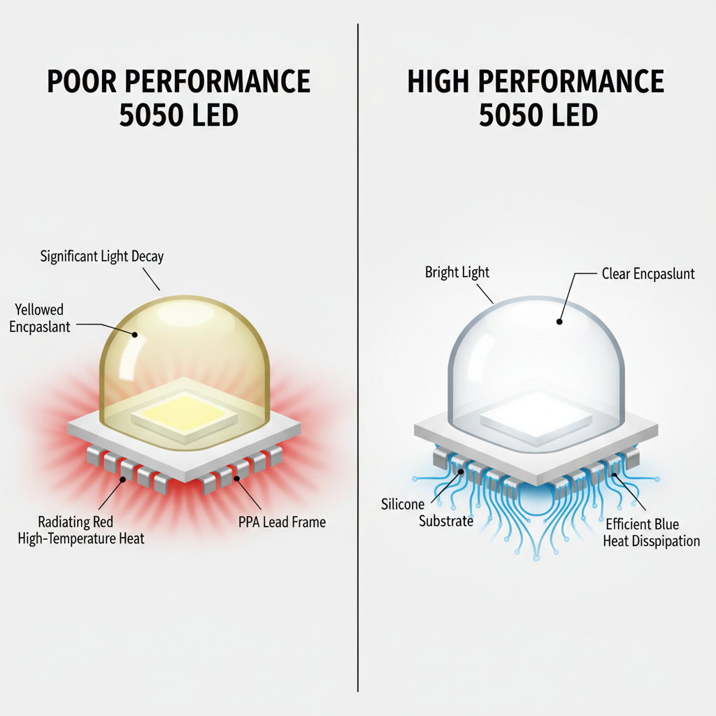 5050灯珠材质对比:环氧树脂(左)与硅胶+陶瓷基板(右)性能差异示意图