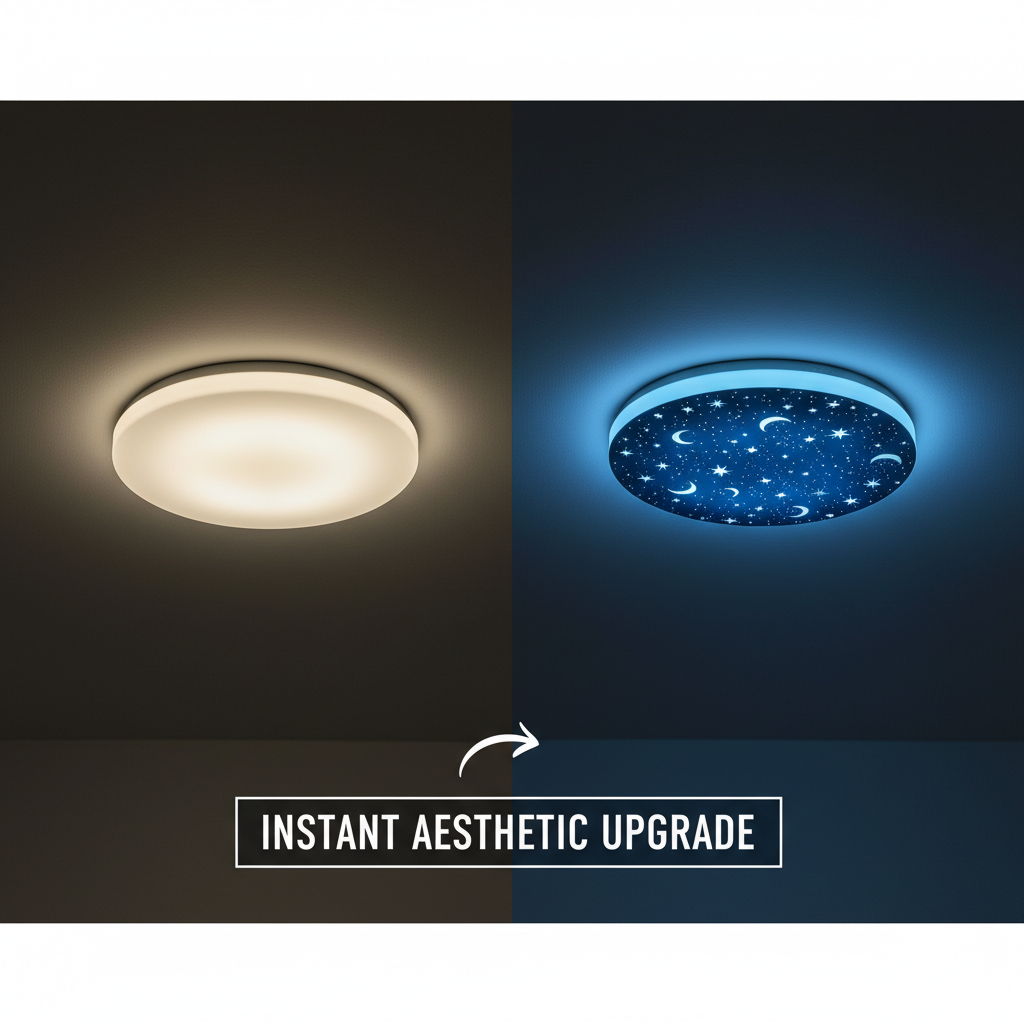 一款安装了星空图案灯贴的吸顶灯,光线柔和,为卧室营造出温馨浪漫的氛围。