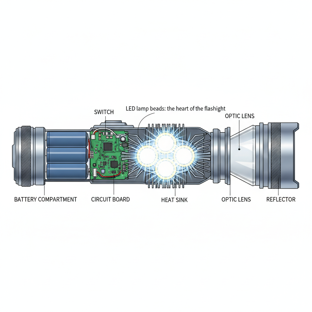 强光手电筒剖面图,突出LED灯珠、散热片和电路板,并标注“LED灯珠:手电筒的心脏”