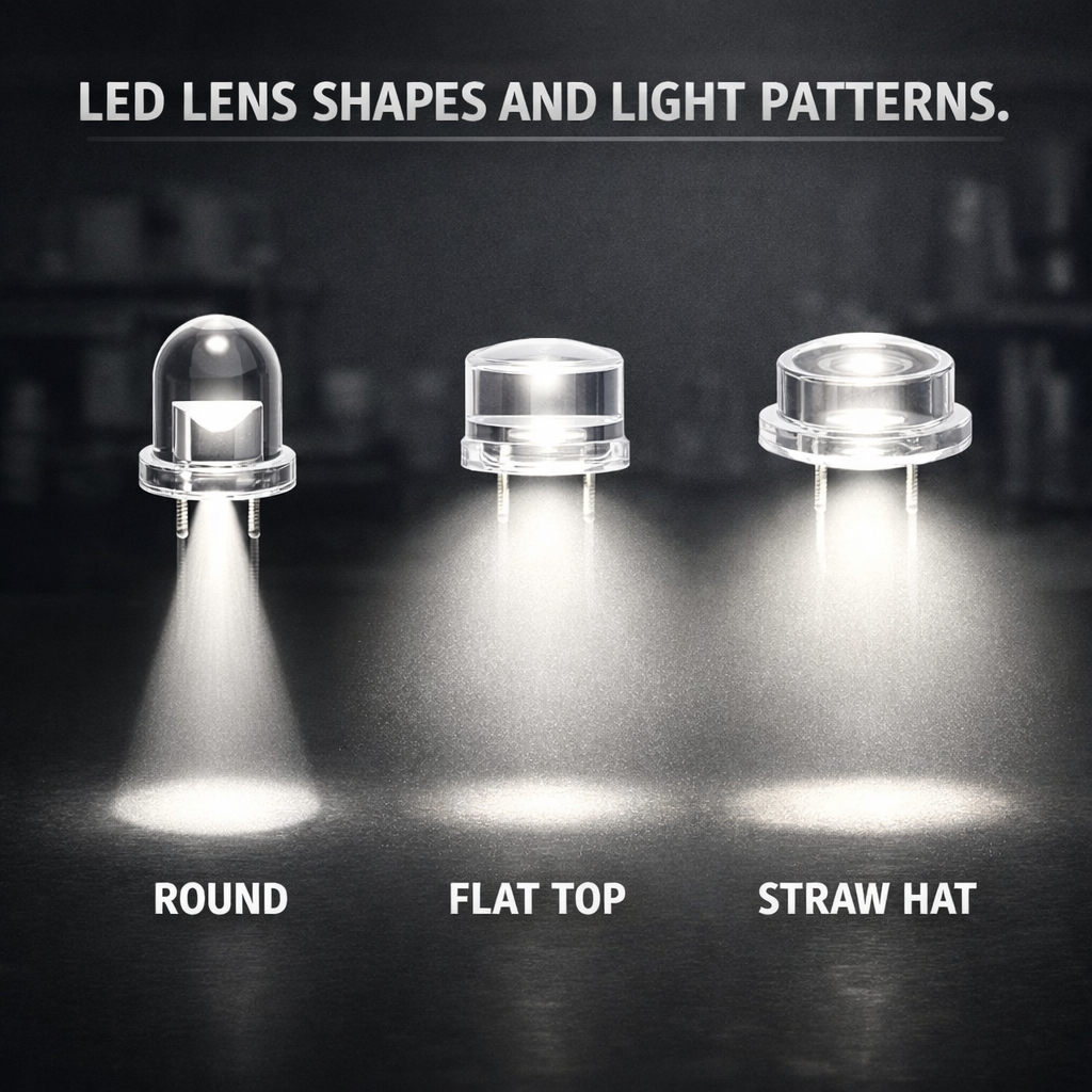 直插灯珠透镜形状对比图，详细展示圆头、平头、草帽三种常见形状及其对应的光型效果，帮助理解不同透镜对光线分布的影响。