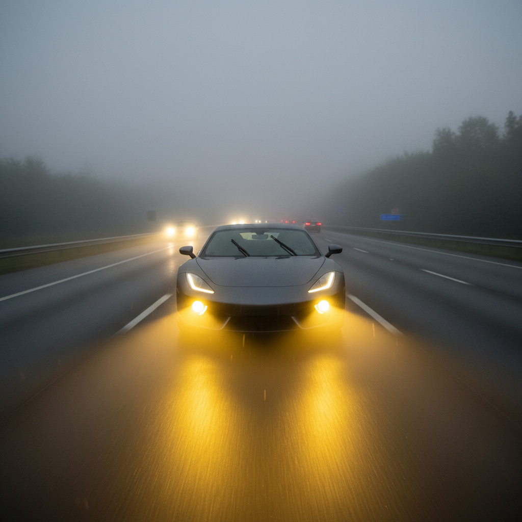 汽车行驶在多雾的公路上,雾灯发出黄光,黄光穿透雾气的效果显著,与周围普通白光车灯形成鲜明对比,突出黄光的穿透力。