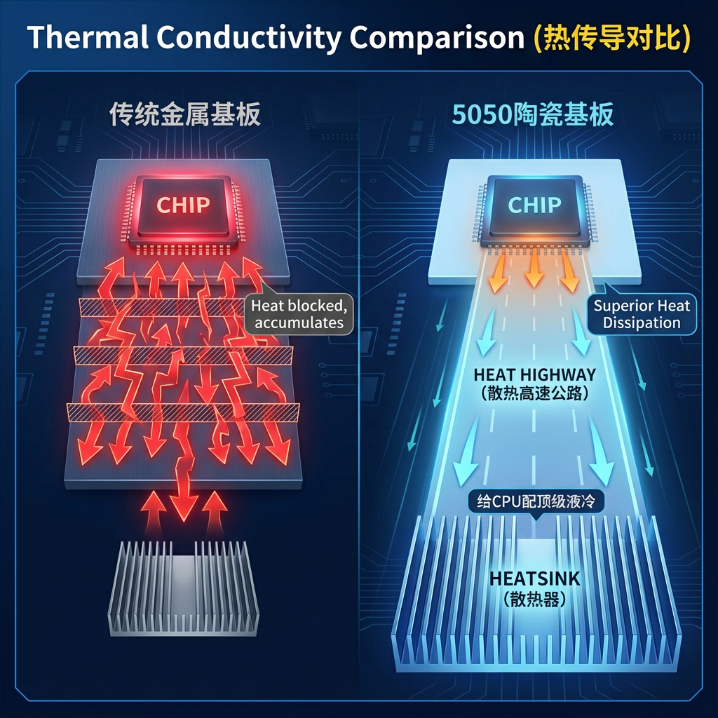 陶瓷基板与传统金属基板热传导对比图,直观展示了陶瓷基板如何更高效地将热量从LED芯片导出,避免热量堆积。
