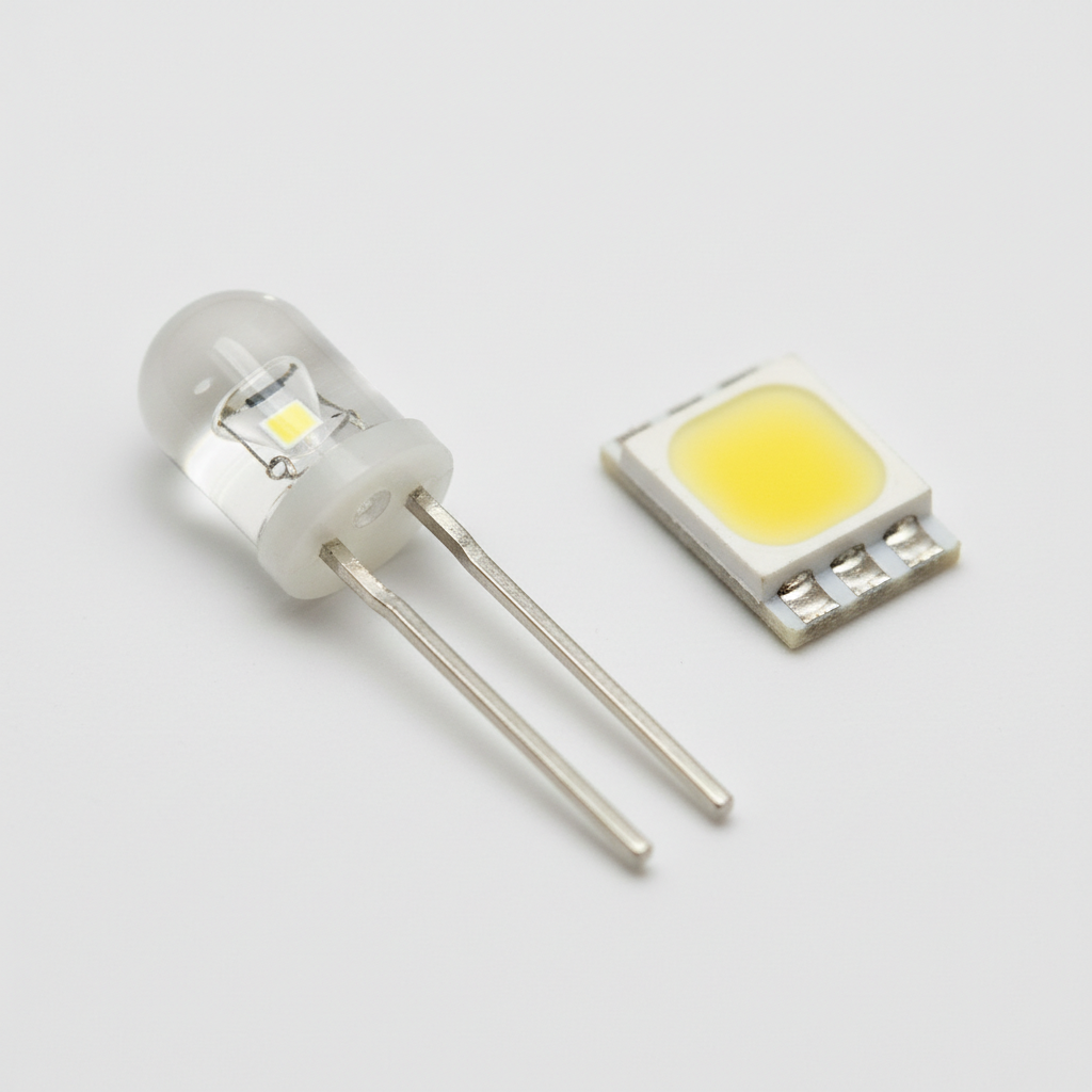 咪泡灯与贴片灯外观对比图,左侧咪泡灯有引脚,右侧贴片灯扁平无引脚