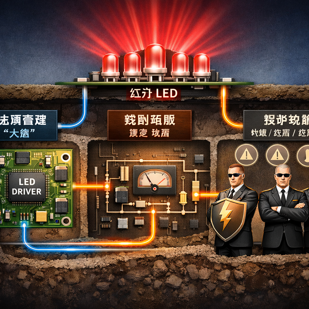 抗干扰红外LED驱动方案核心组成：电源管理、控制电路与保护机制示意图