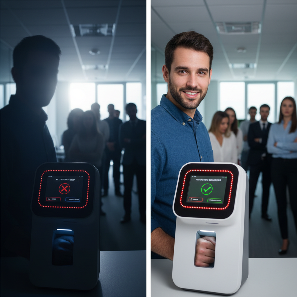 左右对比图展示:左侧在昏暗或逆光下,传统考勤机人脸模糊识别失败导致排队;右侧在同等环境,内置超薄红外灯珠的新款考勤机人脸清晰,员工快速通过,笑容满意,队伍流畅,突显了超薄红外灯珠在改善低光人脸识别效率和用户体验方面的显著优势。