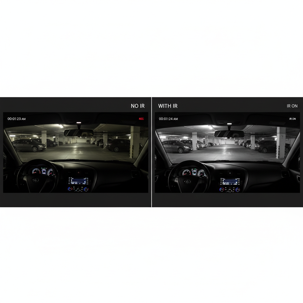 左右对比图:左侧为无红外补光夜间地下车库模糊画面,右侧为开启红外补光后清晰的黑白画面,车牌和环境细节清晰可见。