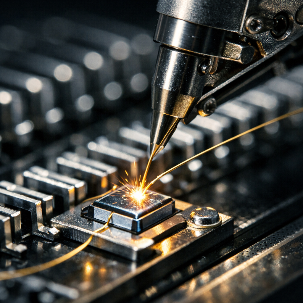 高精度全自动焊线机正在进行芯片固晶与引线键合的微距特写