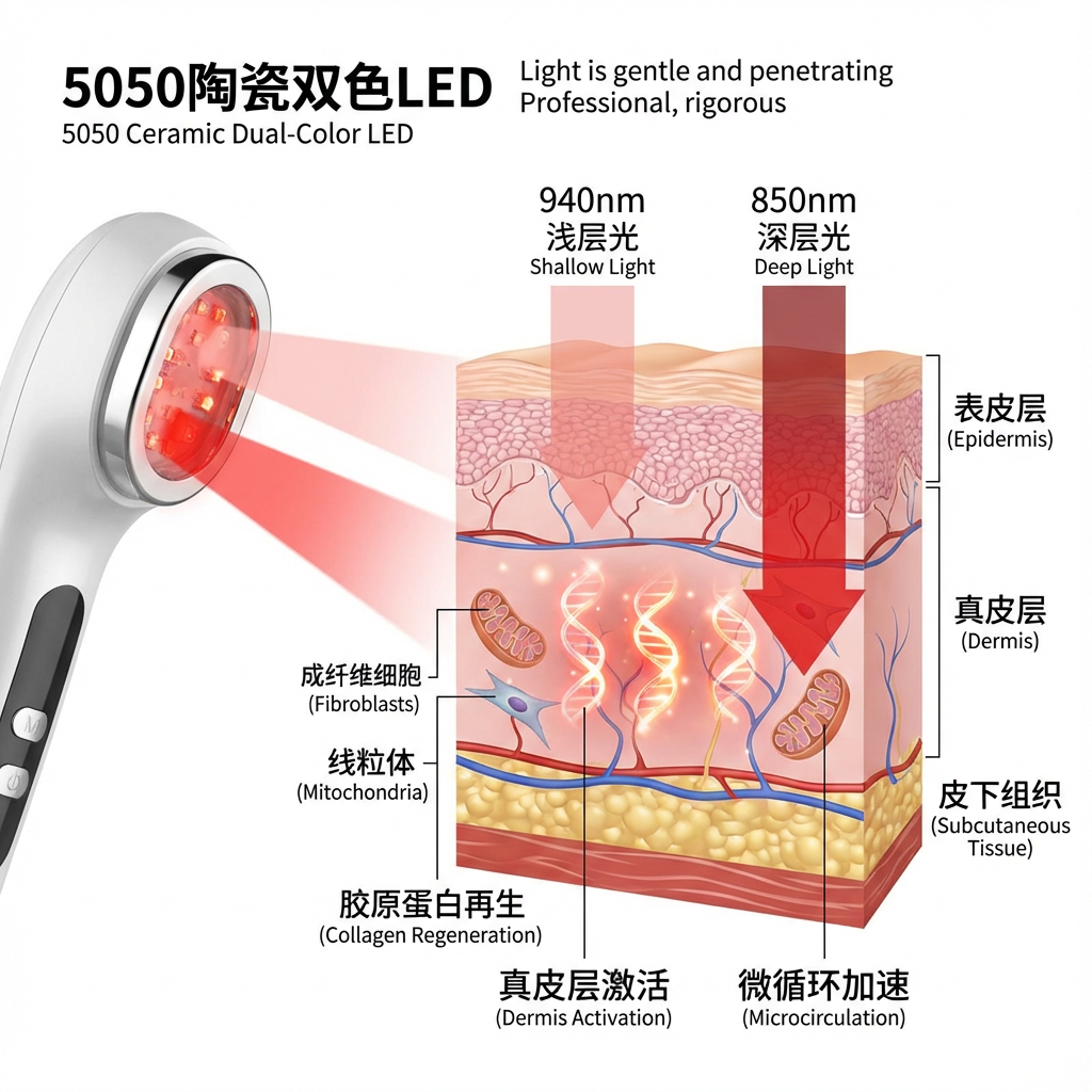 医疗美容设备通过5050陶瓷双色红外LED对皮肤进行深层影响，850nm和940nm两种红外光束协同作用，促进真皮层胶原蛋白再生，加速微循环，实现抗炎与修复功效。