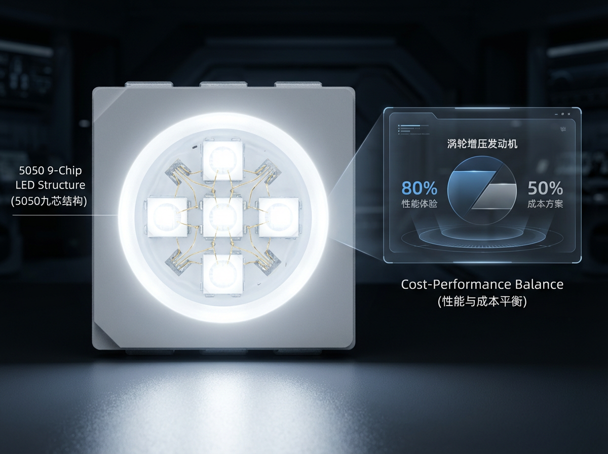 一颗高品质5050九芯白光LED灯珠的微距摄影，展示其3x3排列的9颗LED芯片和精细的金线键合工艺。背景为科技感实验室，半透明UI界面标注“80% 性能体验”与“50% 成本方案”，强调了这种“降维选择”的成本效益。