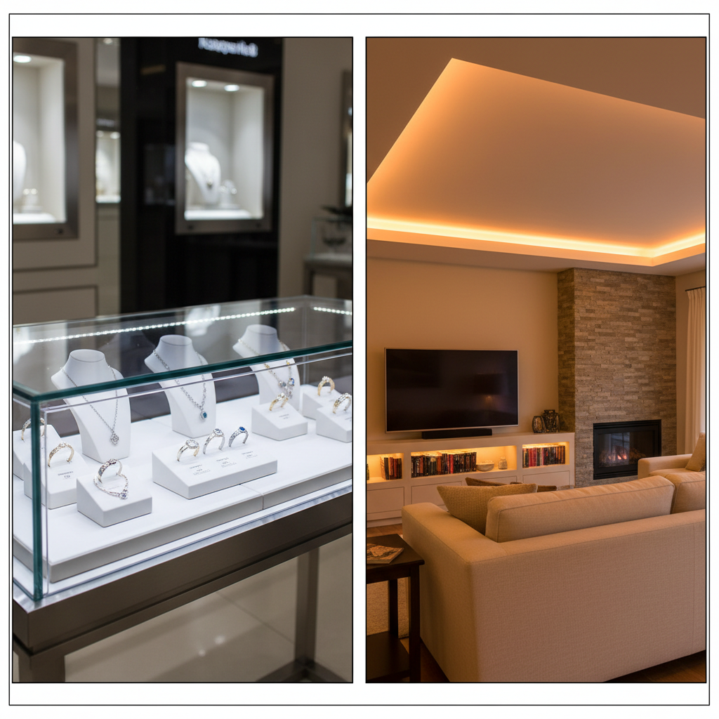 一个双联画或分屏图像,左侧是现代珠宝店的展示柜,被隐藏的LED灯带照亮,珠宝闪闪发光。右侧是温馨的家居客厅,天花板凹槽或家具后方散发出柔和的LED氛围光,展现5050灯带的多样化应用。