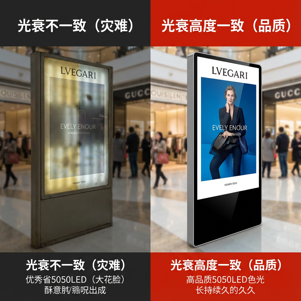 左右分屏对比,左侧展示劣质5050灯珠导致的“大花脸”灯箱(光衰不一致),右侧展示高品质灯珠的完美灯箱(光衰高度一致)。