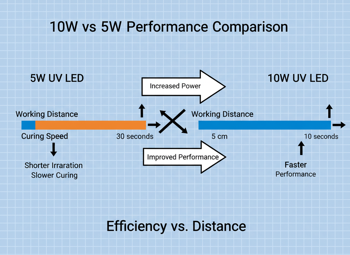 图表对比10W和5W紫光灯珠在固化速度和工作距离上的差异，10W灯珠照射距离更远，固化速度更快，强调功率提升带来的优势。