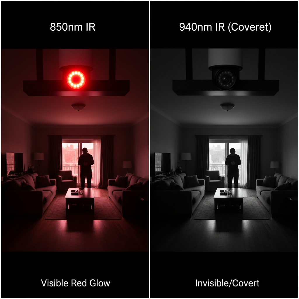 对比图:夜视监控中,850nm红外灯珠摄像头清晰可见红点,而940nm红外灯珠摄像头完全隐蔽无红爆,画面清晰,直观展现940nm在隐蔽性上的显著优势。