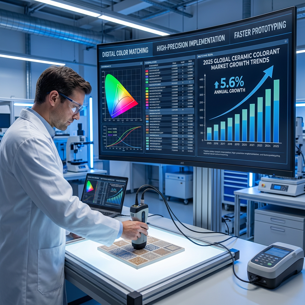 数字化调色技术与RGB色彩模式的现代工业场景。一位穿着白色实验服的技术人员正在使用精密的分光测色仪对一块定制陶瓷板进行取色。背景中的大幅4K显示屏上显示着复杂的RGB色彩坐标曲线、高精度的色彩匹配数据，以及文中提到的‘2025年全球陶瓷色料市场增长趋势图’（标注出5.6%的年增长率）。画面充满科技感，体现了数字化工具如何提高打样速度和首样成功率，强调‘高精度色彩实现’的技术核心。