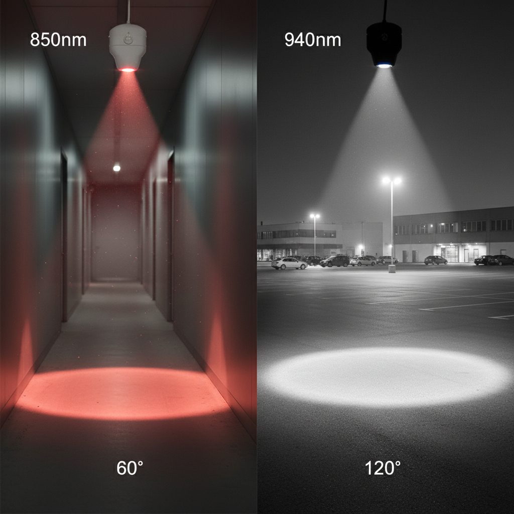 分屏图像展示不同红外LED灯珠的应用:左侧850nm红外LED以60度角照亮狭长走廊,右侧940nm红外LED以120度角覆盖开阔停车场,对比不同波长和角度在监控中的适用场景。