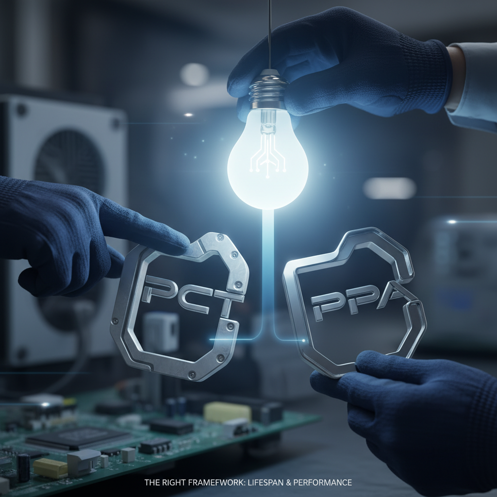 一位工程师正在仔细比较和选择两种不同形状的LED支架,下方是一颗发光的LED灯珠,寓意为LED选择合适的“骨架”,决定其寿命和表现。