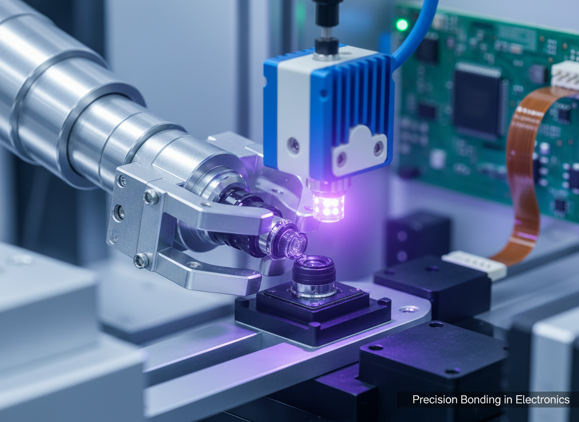 手机摄像头模组精密组装线,机械臂操作微小镜头,大功率陶瓷双芯UV固化光源投射精准光束,快速固化UV胶,强调电子行业精密粘接的高效率与高精度。