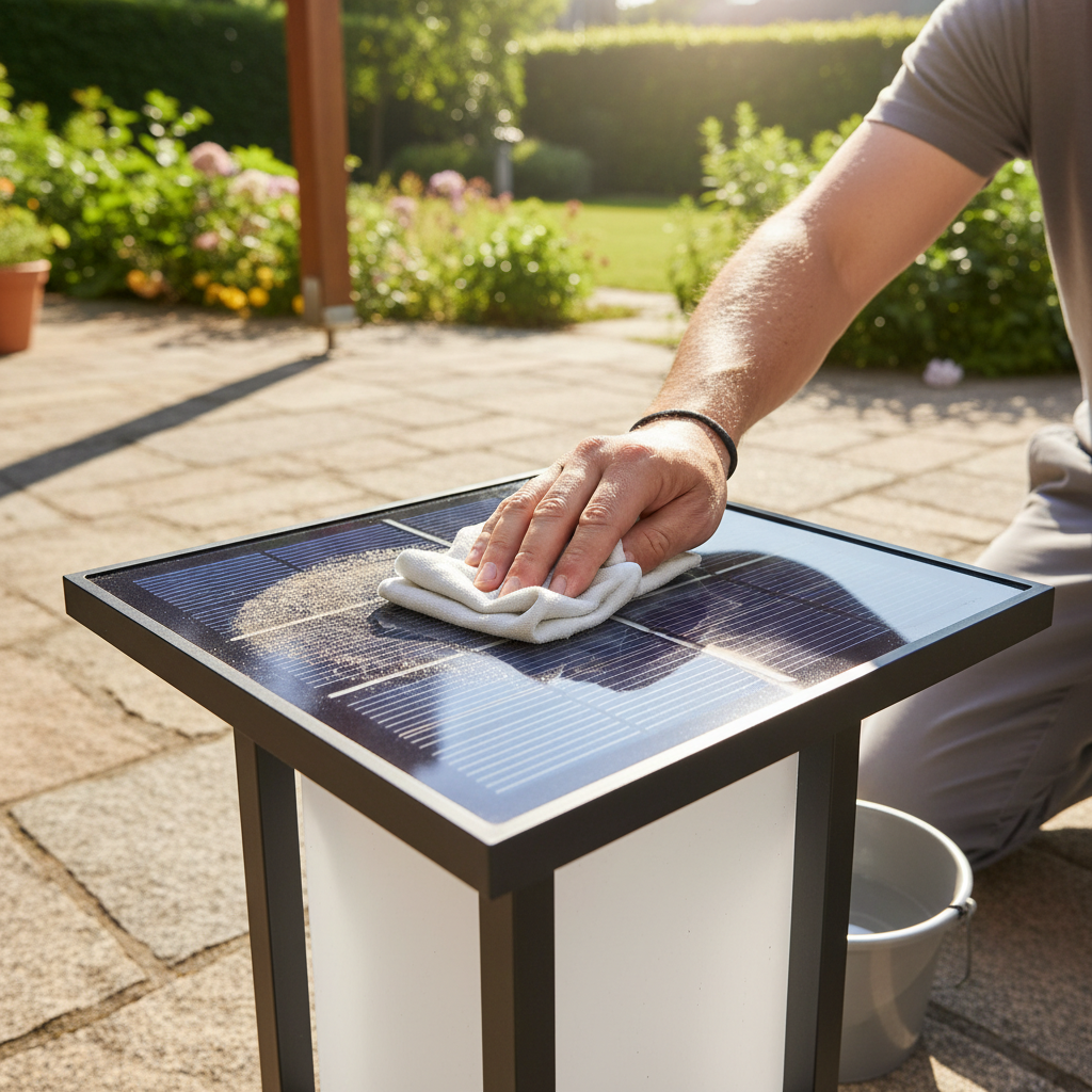 一人用湿布仔细擦拭户外庭院灯上的太阳能板,清除灰尘以提升充电效率。