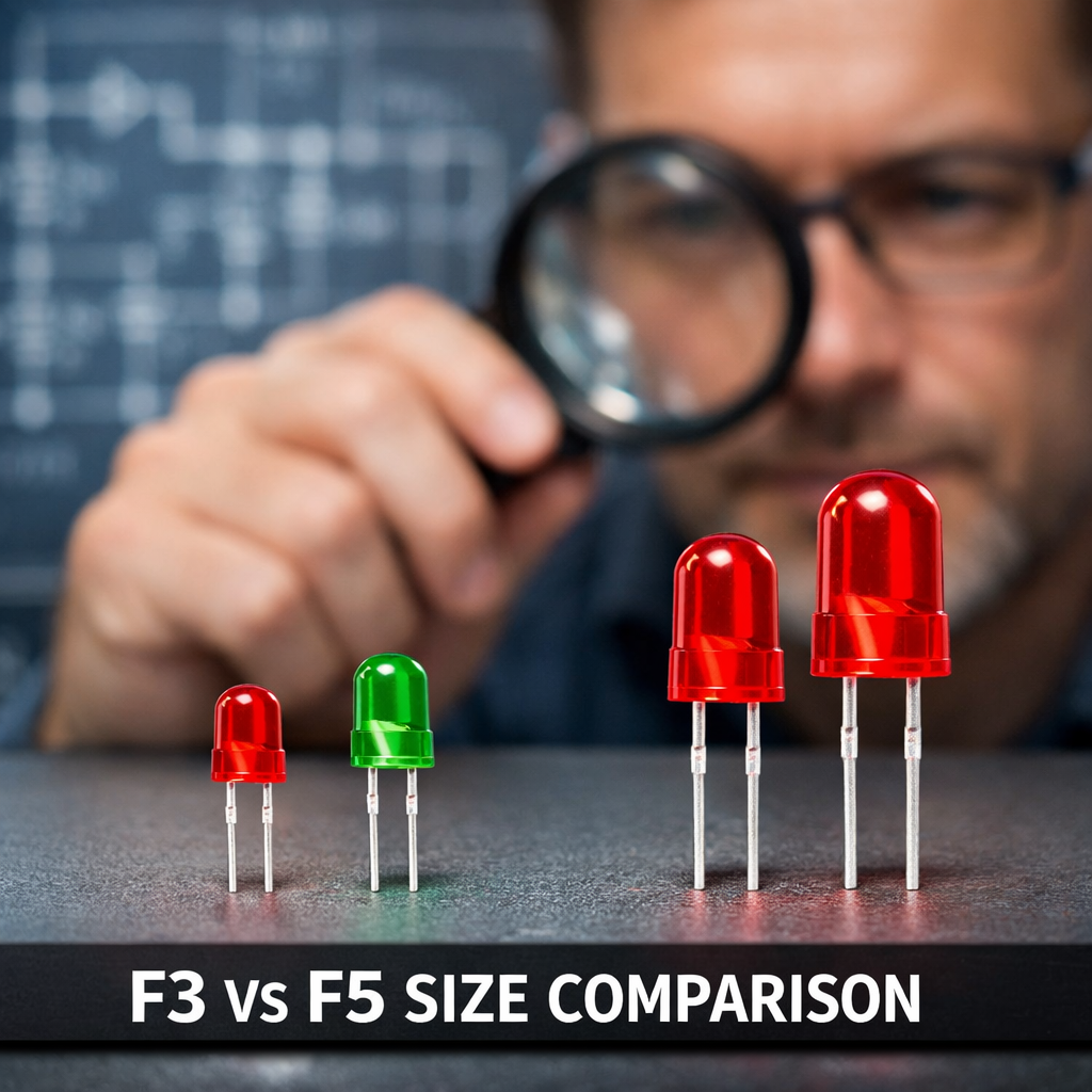 3mm和5mm直插灯珠尺寸对比示意图，展示两种常用规格在大小上的差异，帮助读者理解F3和F5的选择场景。