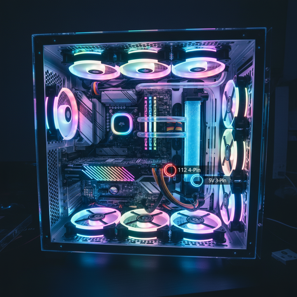 DIY电脑主机内部,主板、风扇、内存条等硬件闪耀着RGB和ARGB灯光,主板上清晰标识出12V 4-Pin的RGB接口和5V 3-Pin的ARGB接口