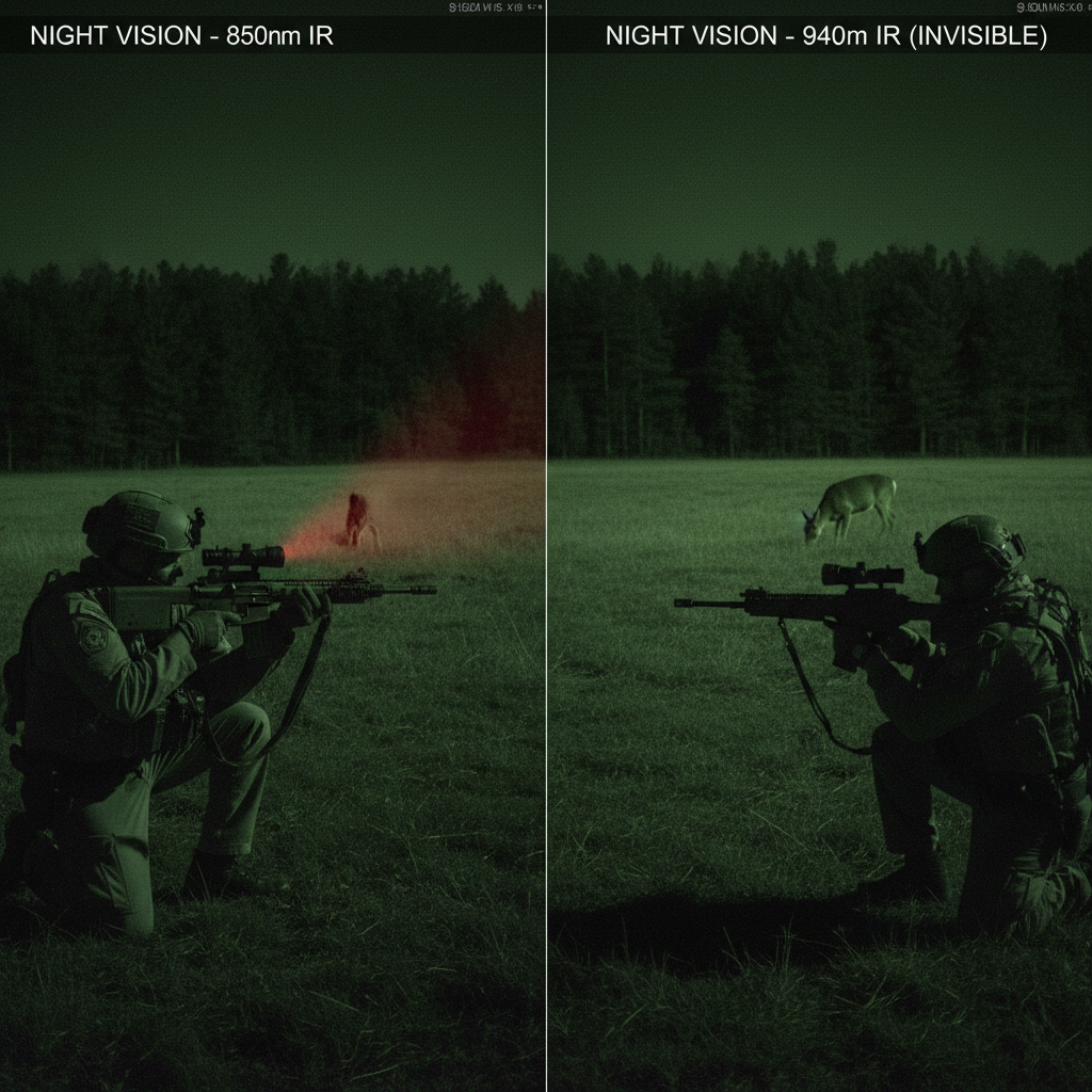 对比展示850nm红外灯珠(有微弱红曝)和940nm红外灯珠(完全不可见)在执法场景下的隐蔽性差异。左侧图片显示850nm可能引起目标注意,右侧图片则突出940nm的完美隐形效果,两者都能提供清晰夜视画面。