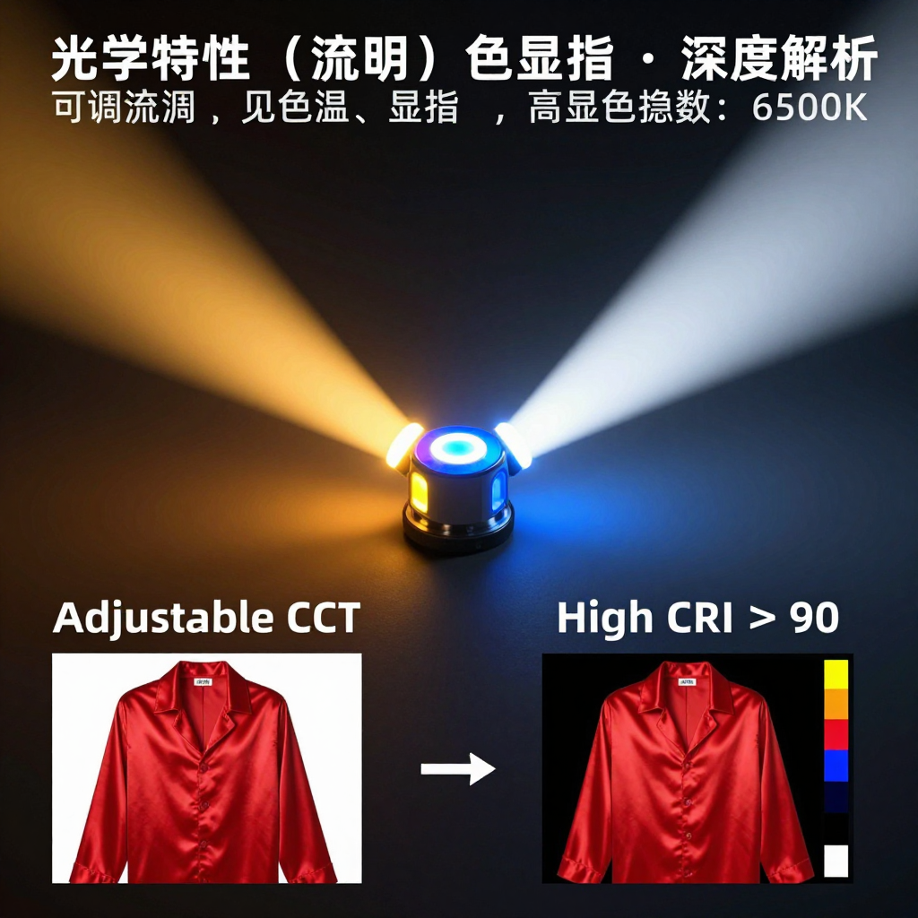 一张视觉化信息图，展示5050蓝黄双色LED灯珠如何调节色温，从暖黄光（3000K）到冷白光（6500K）的渐变过程，以及高CRI（>90）光照下物体颜色（红色绸缎）的真实还原效果。标注“Adjustable CCT”和“High CRI > 90”。