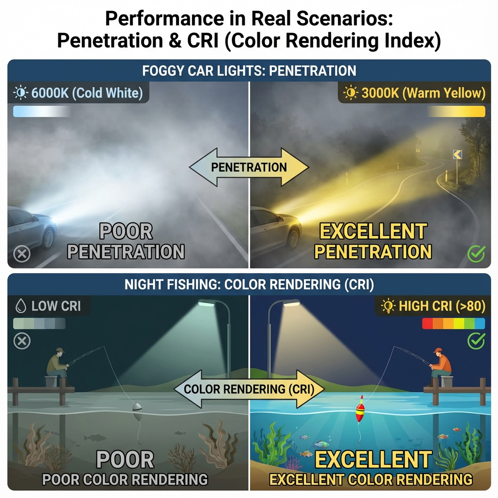 图片对比展示了汽车大灯在雾天不同色温的穿透力,以及钓鱼场景中不同CRI光源对物体色彩还原能力的影响,强调“穿透力”和“色彩还原”这两个重要性能指标。