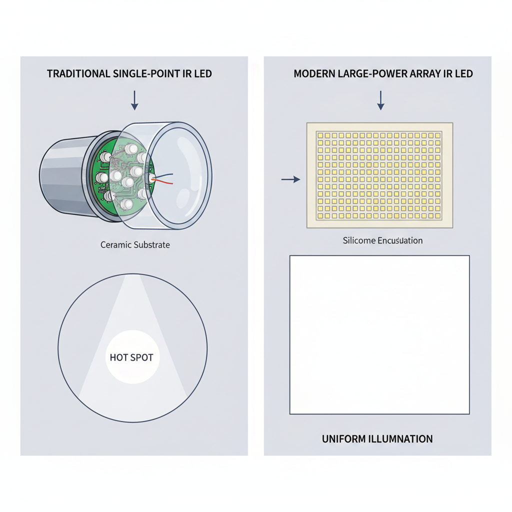 传统单点红外LED与大功率阵列式红外LED结构与光照效果对比插画