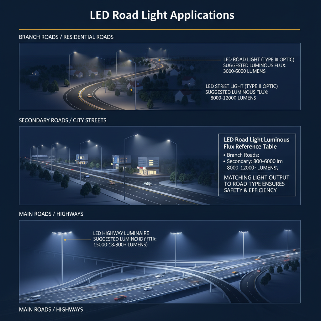 夜间高速公路上,LED路灯安装的详细图解,展示了不同道路类型(支路、次干道、主干道)及其对应的建议光通量(3000-18000+流明)。