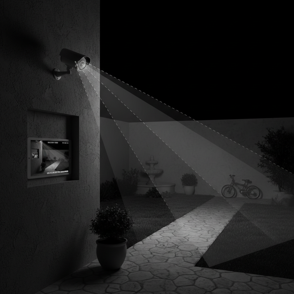 家庭安防摄像头在夜晚利用不可见红外光清晰成像，完美解决低光环境监控难题。