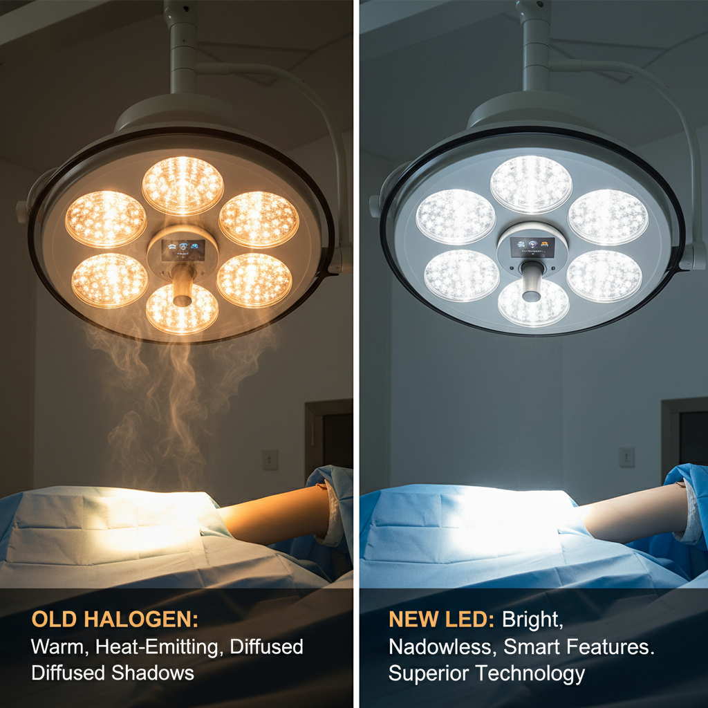 对比图像:左侧是光线偏黄的老式卤素无影灯,右侧是光线明亮、色温接近自然光且集成显示屏的现代LED无影灯,凸显LED技术的优越性及其智能功能。