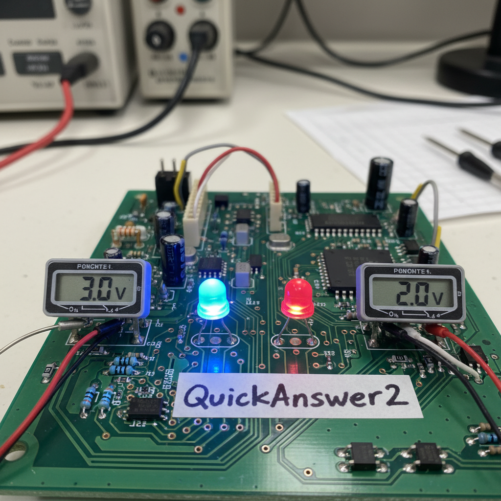 蓝光LED灯珠显示3.0V,红光LED灯珠显示2.0V,旁边标有QuickAnswer2,展现不同颜色LED灯珠的电压差异。