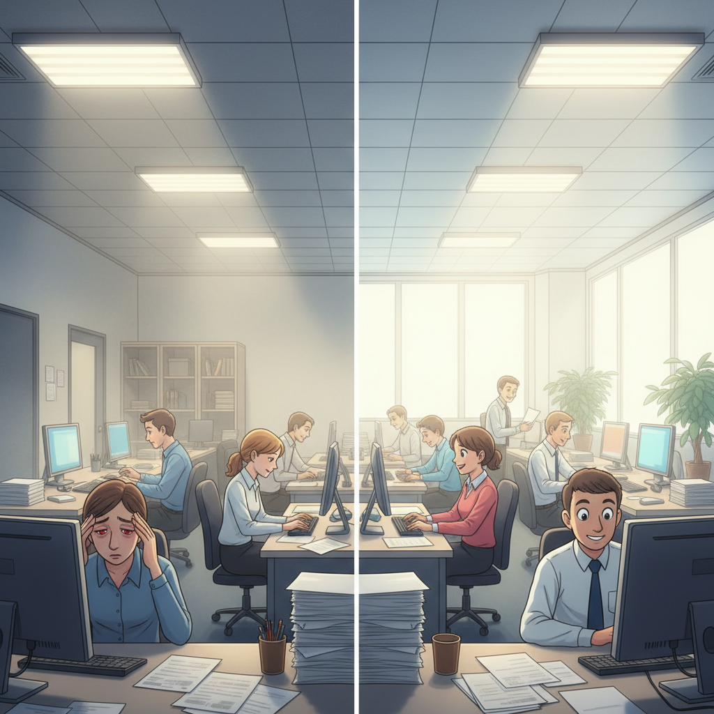 全光谱光源对办公室员工健康与效率的影响:左侧为普通照明下员工疲惫、色彩失真的场景,右侧为全光谱照明下员工精神饱满、色彩清晰的场景。