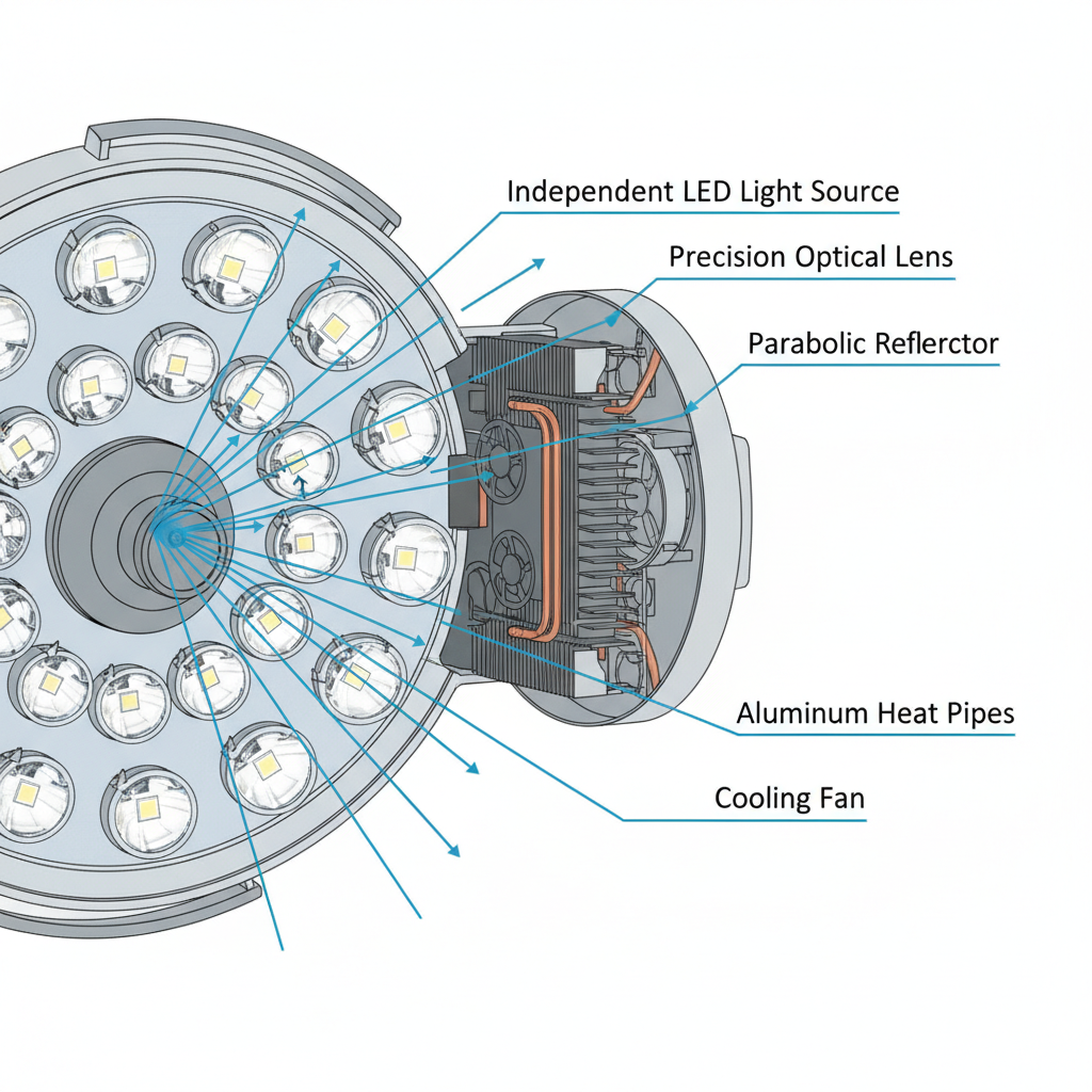 手术室LED无影灯的局部剖面图,展示多个独立的LED灯珠、精密光学透镜、反射镜以及高效散热结构,突显其技术核心。