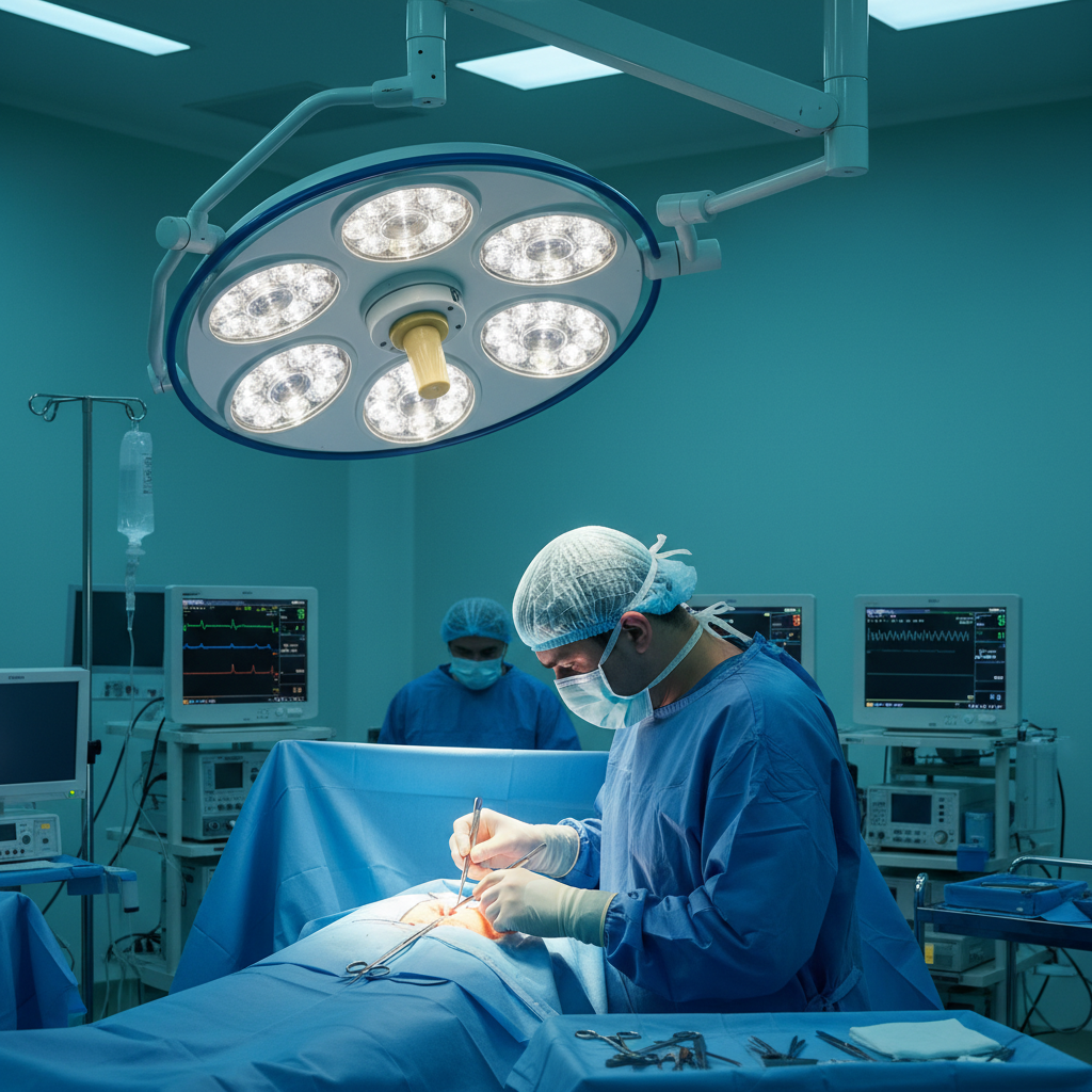 多点光源照射下的无影灯工作原理示意图,展示光线从不同角度消除阴影。