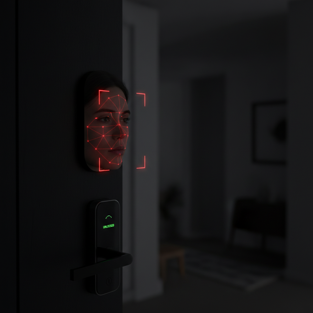 在深夜,一名用户通过智能门锁进行人脸识别开门。人脸识别设备上的红外LED灯珠发出肉眼不可见的近红外光束,精准照亮用户面部,即使在完全黑暗的环境中,系统也能清晰识别其身份。