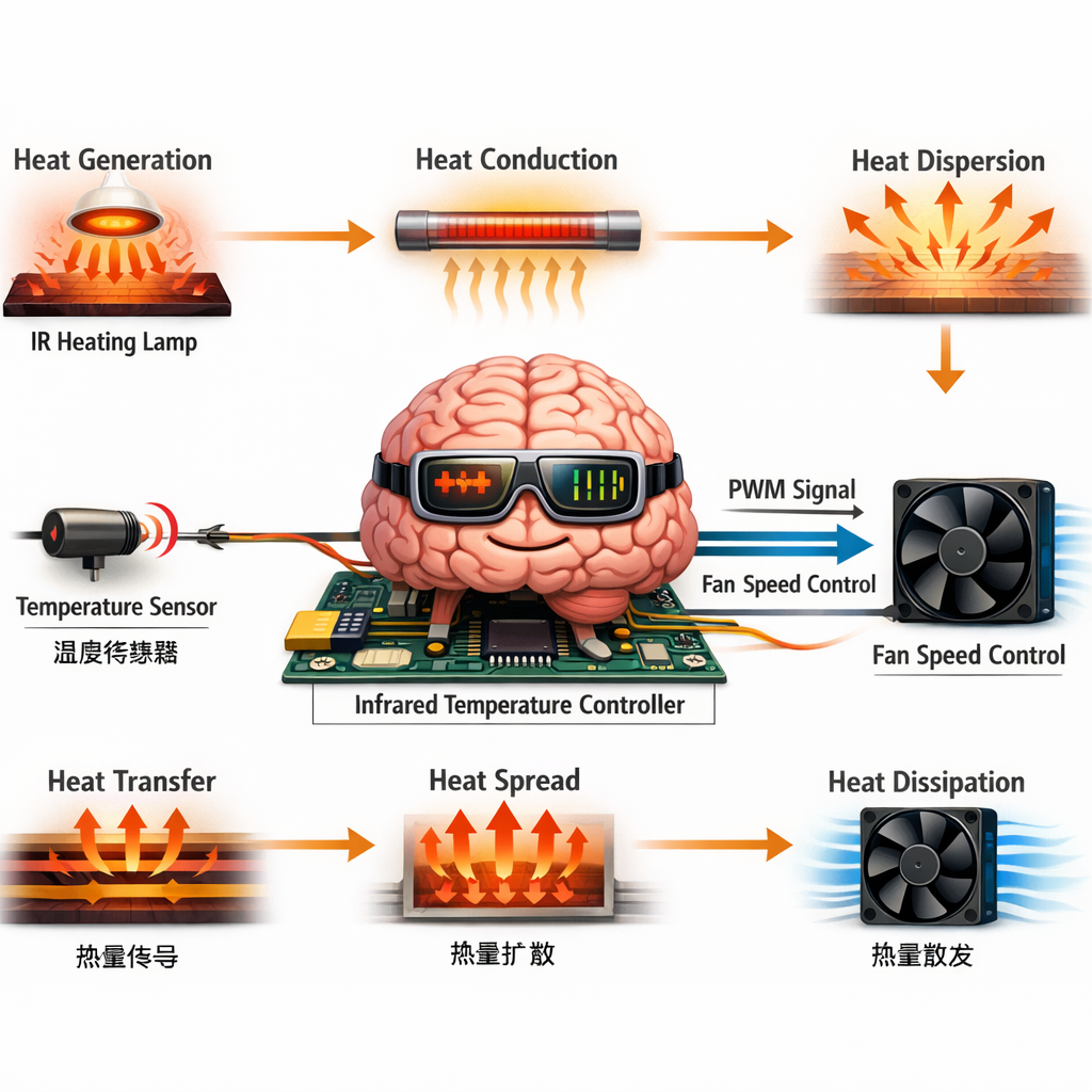 智能温控红外灯珠闭环控制系统示意图，以“大脑”形象代表红外温度控制器，连接温度传感器和微处理器(MCU)，MCU通过PWM信号精确控制风扇转速，并配以“热源产生”、“热量传导”、“热量扩散”、“热量散发”的热传导路径流程图。