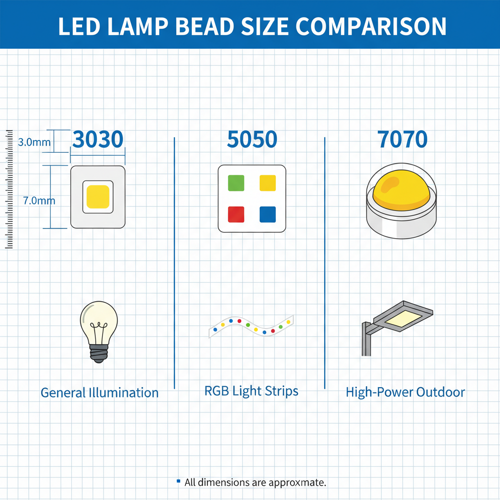 图表清晰展示3030、5050和7070三种LED灯珠的尺寸对比及典型应用场景,如球泡灯、RGB灯带和路灯。